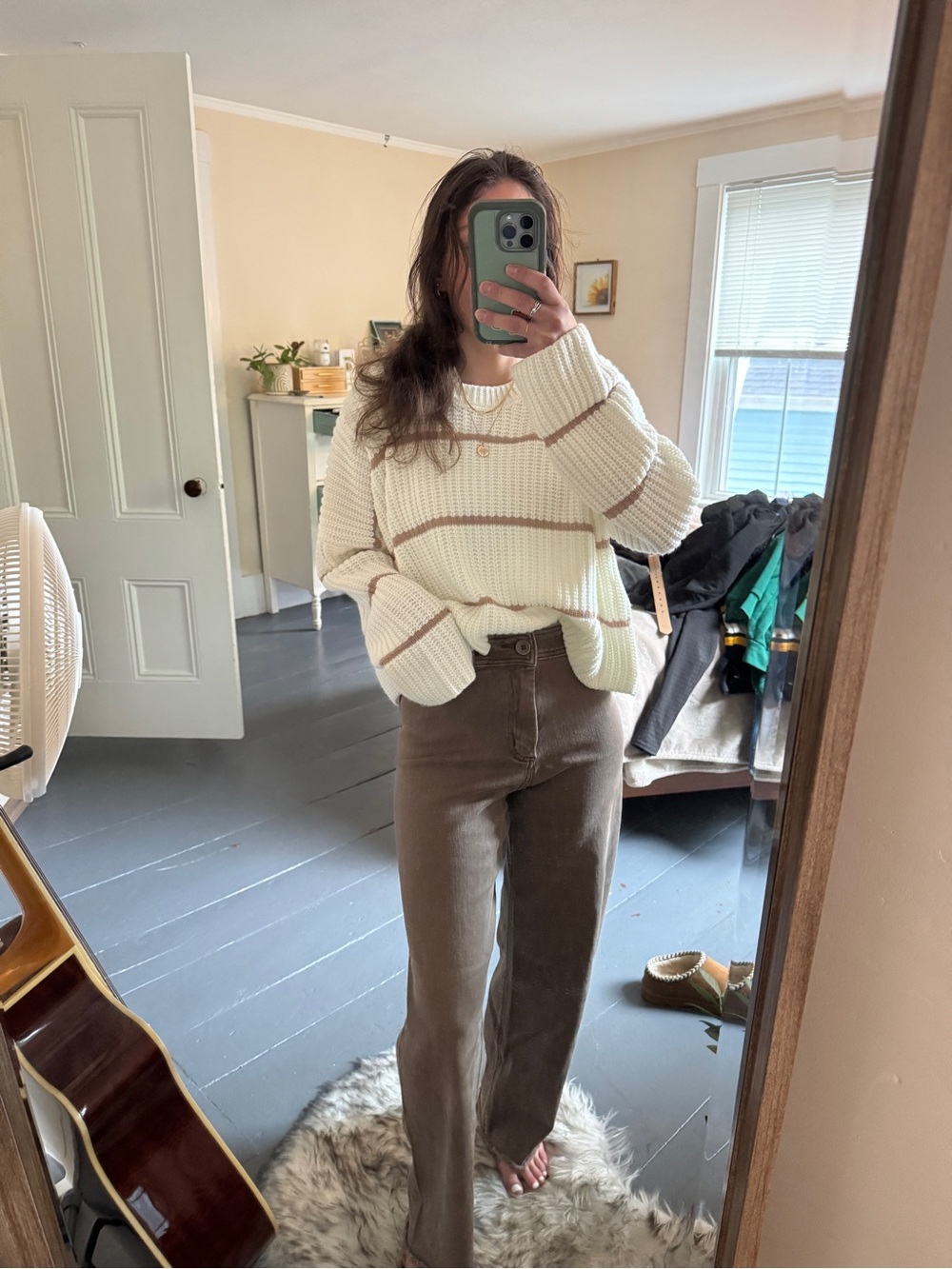 White Knit Cropped Sweater with Brown Stripes